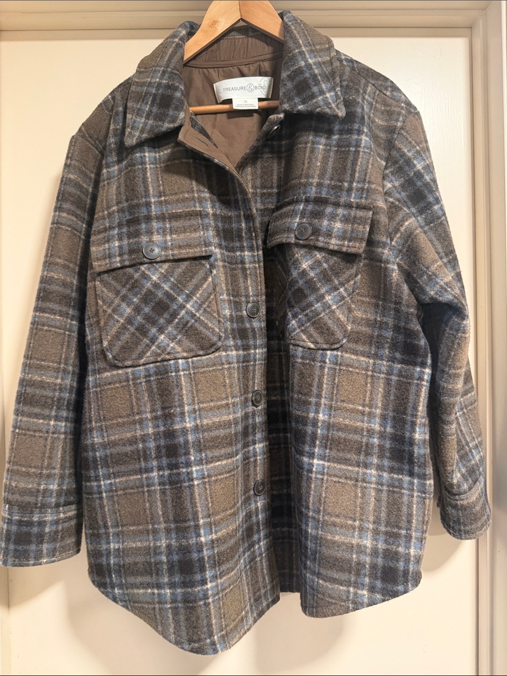 Treasure & Bond Plaid Utility Jacket in Brown and Gray
